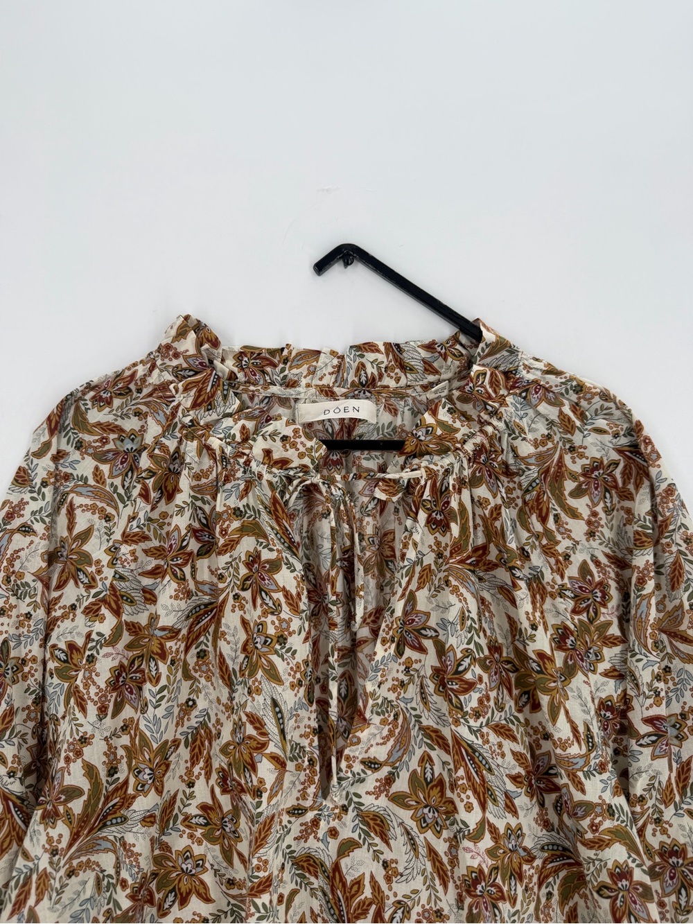 Doen Juna Tie Neck Floral Printed Organic Cotton Voile Long Sleeve Top Blouse
